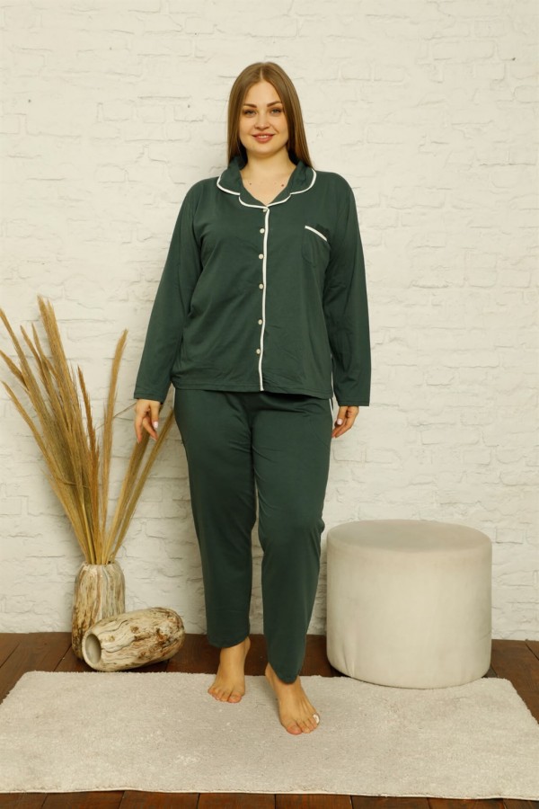 Moda Çizgi Kadın Pamuklu Cepli Uzun Kol Büyük Beden Pijama Takım 202129