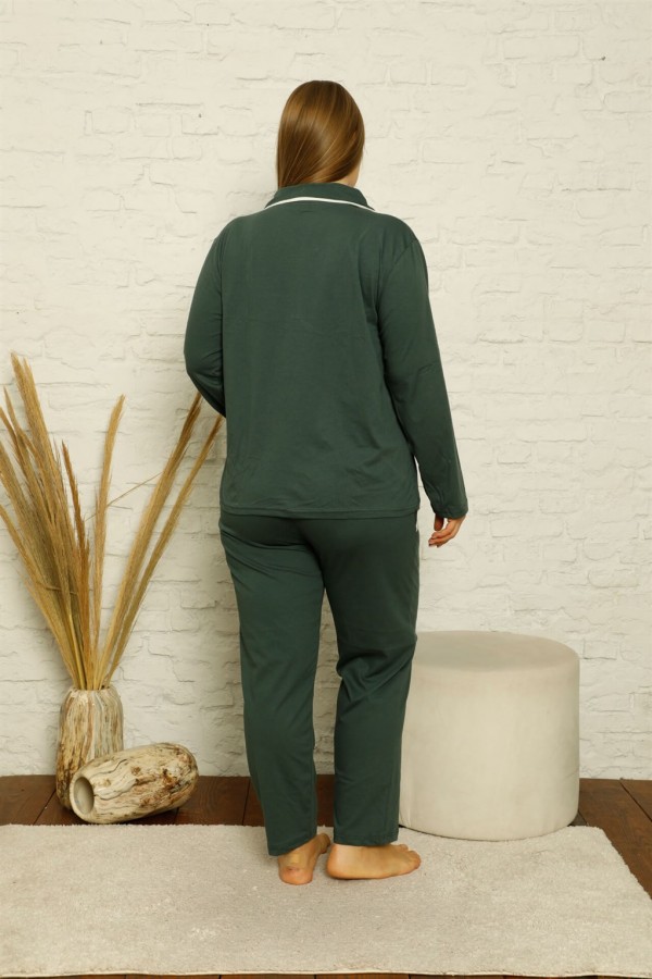 Moda Çizgi Kadın Pamuklu Cepli Uzun Kol Büyük Beden Pijama Takım 202129