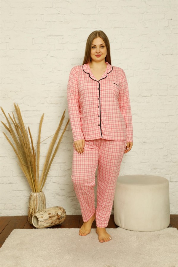 Moda Çizgi Kadın Pamuklu Cepli Uzun Kol Büyük Beden Pijama Takım 202130