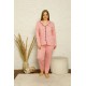 Moda Çizgi Kadın Pamuklu Cepli Uzun Kol Büyük Beden Pijama Takım 202130