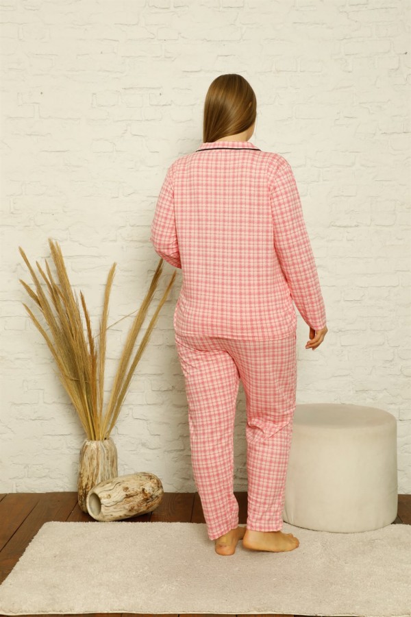 Moda Çizgi Kadın Pamuklu Cepli Uzun Kol Büyük Beden Pijama Takım 202130