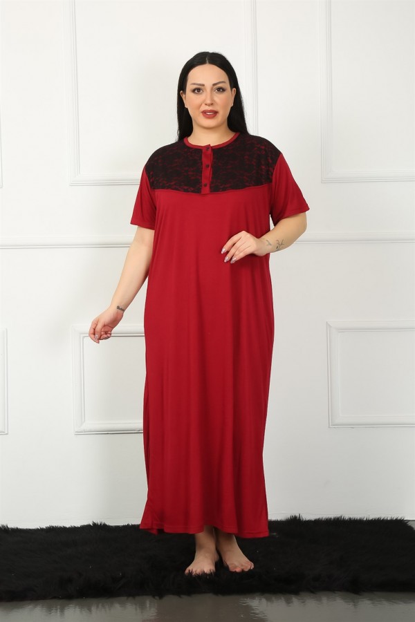Moda Çizgi Big Dantelli Kısa Kol Bordo Anne Gecelik 1348