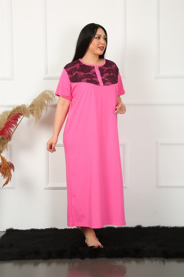 Moda Çizgi Big Dantelli Kısa Kol Fuşya Anne Gecelik 1348