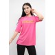 Moda Çizgi Bisiklet Yaka Oversize Tshirt Pembe