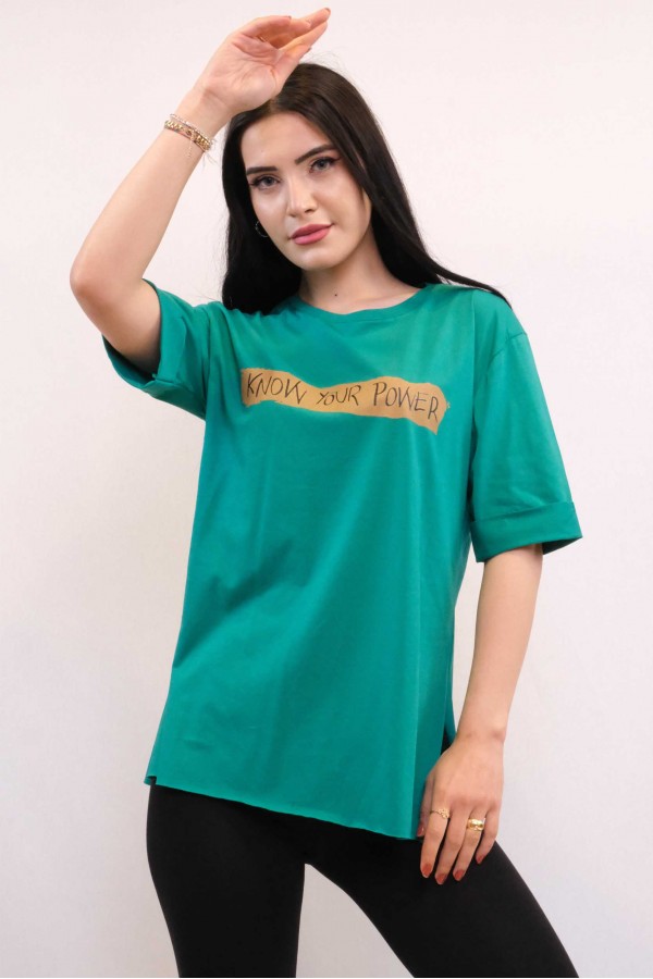 Moda Çizgi Bisiklet Yaka Oversize Tshirt Yeşil