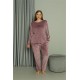 Moda Çizgi Büyük Beden Kadın Kadife Mor Pijama Takım 20628