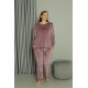 Moda Çizgi Büyük Beden Kadın Kadife Mor Pijama Takım 20628
