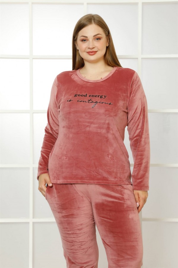 Moda Çizgi Büyük Beden Kadın Kadife Pijama Takım 9044