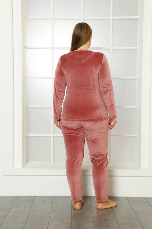 Moda Çizgi Büyük Beden Kadın Kadife Pijama Takım 9044