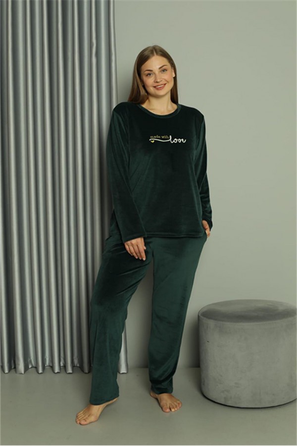 Moda Çizgi Büyük Beden Kadın Kadife Yeşil Pijama Takım 20628