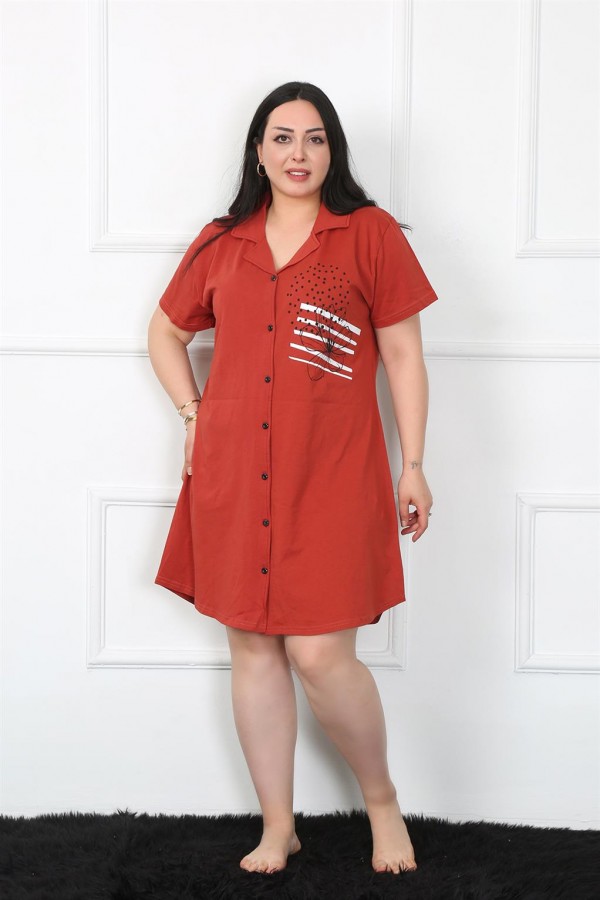 Moda Çizgi Büyük Beden Penye Düğmeli Bordo Tunik Gecelik 1025