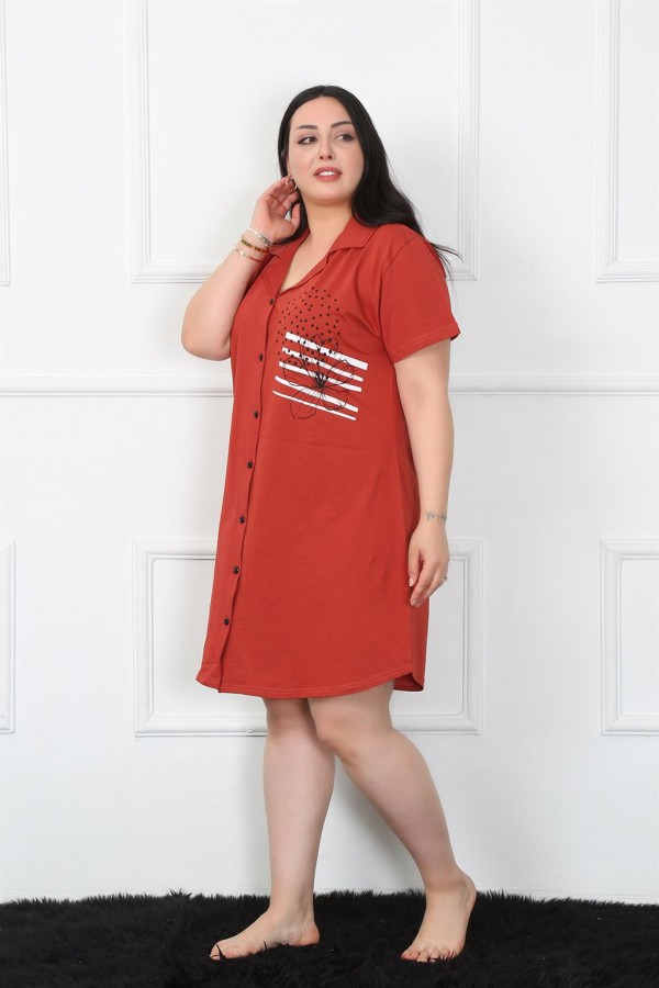 Moda Çizgi Büyük Beden Penye Düğmeli Bordo Tunik Gecelik 1025
