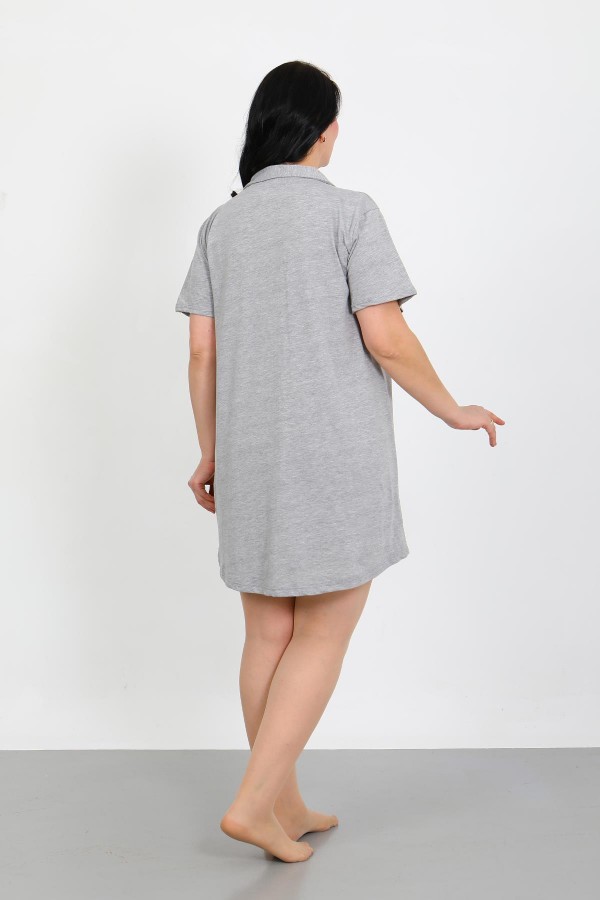 Moda Çizgi Büyük Beden Penye Düğmeli Gri Tunik Gecelik 1025