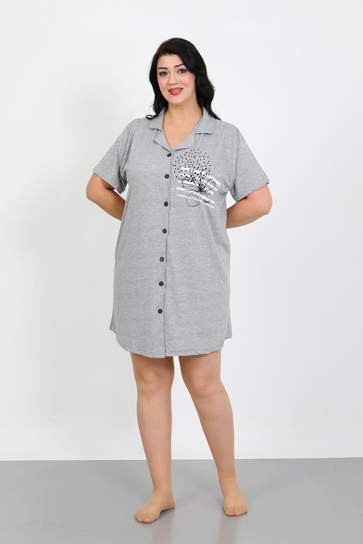 Moda Çizgi Büyük Beden Penye Düğmeli Gri Tunik Gecelik 1025