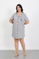 Moda Çizgi Büyük Beden Penye Düğmeli Gri Tunik Gecelik 1025