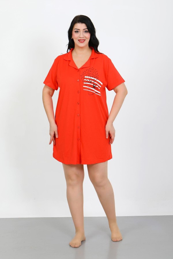 Moda Çizgi Büyük Beden Penye Düğmeli Nar Çiçeği Tunik Gecelik 1025