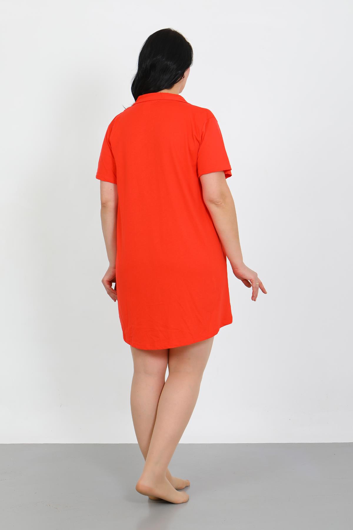 Moda Çizgi Büyük Beden Penye Düğmeli Nar Çiçeği Tunik Gecelik 1025