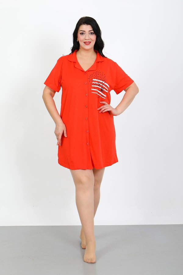Moda Çizgi Büyük Beden Penye Düğmeli Nar Çiçeği Tunik Gecelik 1025