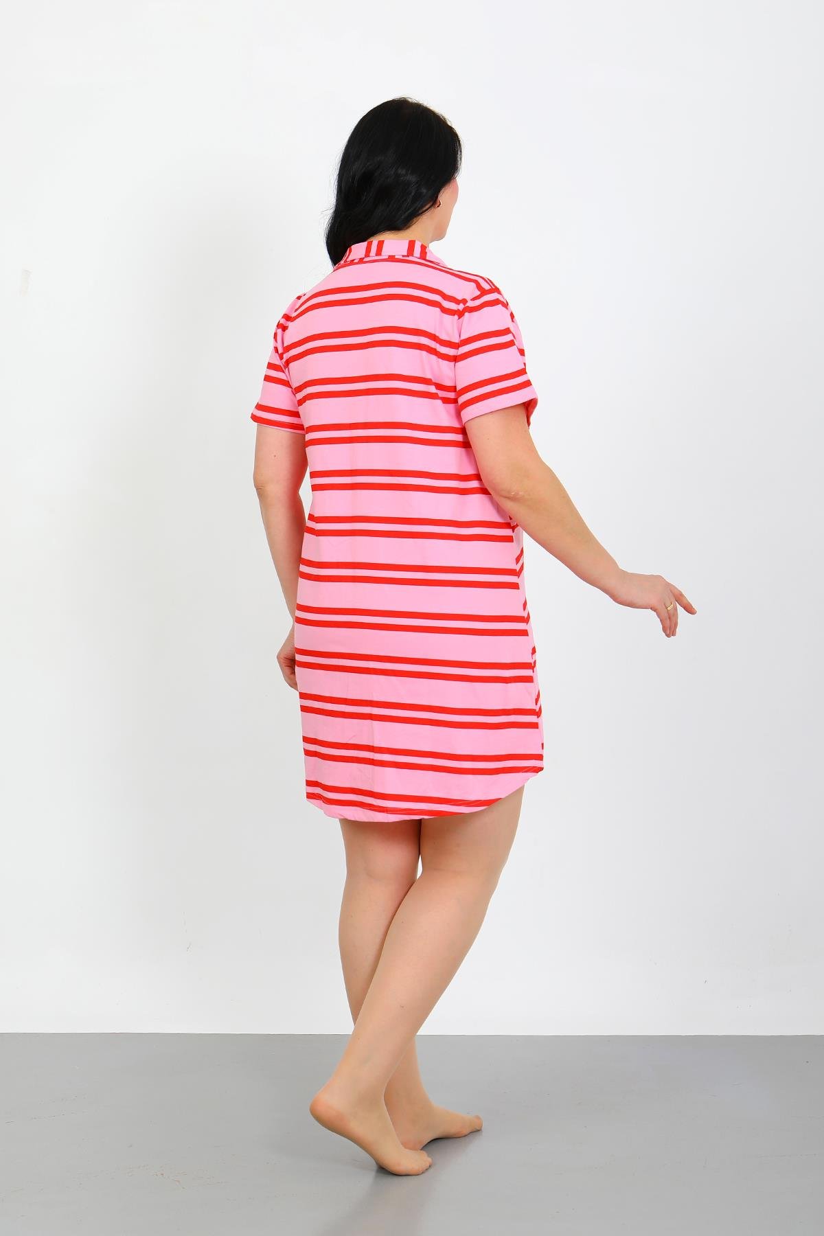 Moda Çizgi Büyük Beden Penye Düğmeli Pembe Tunik Gecelik 1033