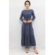 Moda Çizgi Çiçek Desenli Elbise İndigo