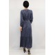 Moda Çizgi Çiçek Desenli Elbise İndigo