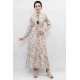 Moda Çizgi Çiçek Desenli  Pileli Elbise Bej