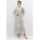 Moda Çizgi Çiçek Desenli  Pileli Elbise Mint