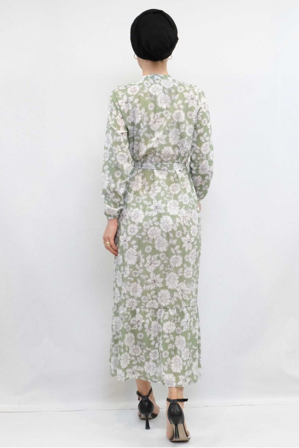 Moda Çizgi Çiçek Desenli  Pileli Elbise Mint
