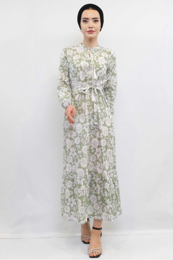 Moda Çizgi Çiçek Desenli  Pileli Elbise Mint