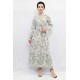 Moda Çizgi Çiçek Desenli  Pileli Elbise Mint