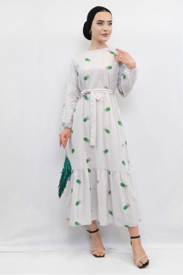 Moda Çizgi Desenli Elbise Yeşil