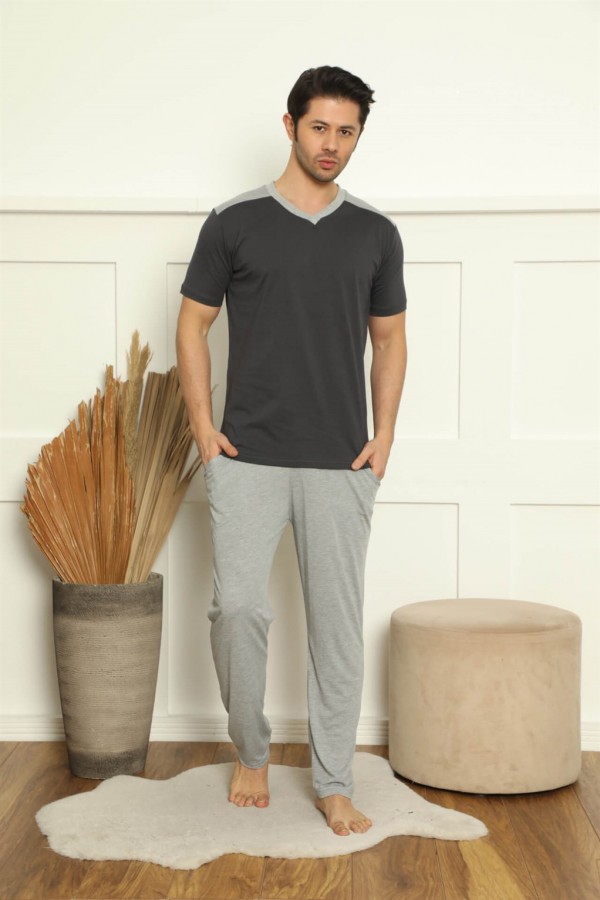moda çizgi Erkek %100 Pamuk Cepli 3'lü Pijama Takımı 6785