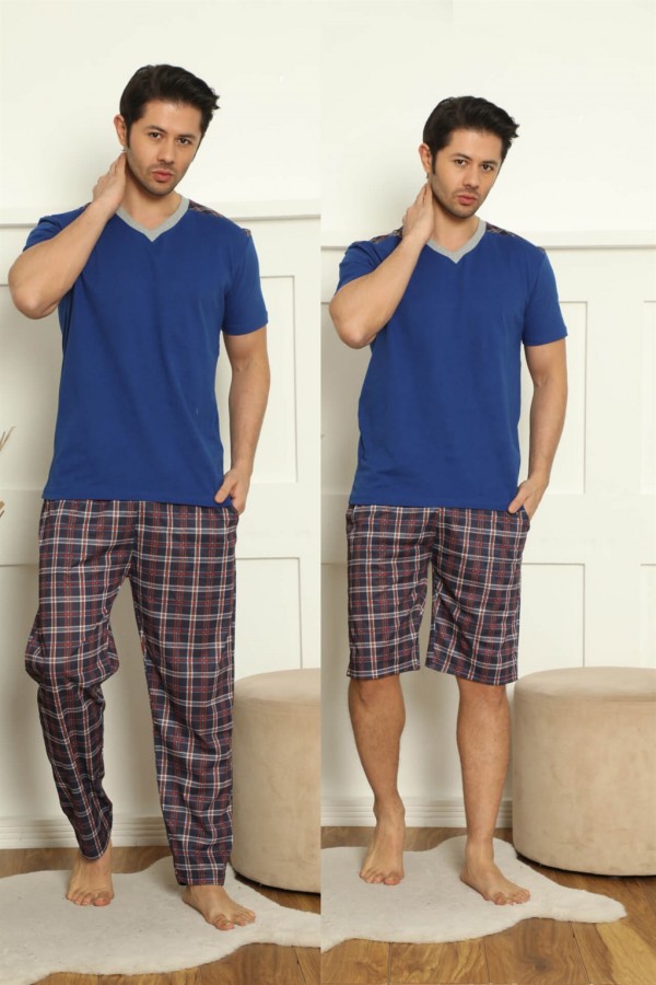moda çizgi Erkek %100 Pamuk Cepli 3'lü Pijama Takımı 6787