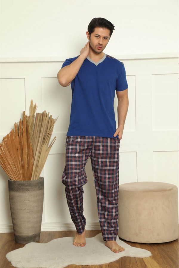moda çizgi Erkek %100 Pamuk Cepli 3'lü Pijama Takımı 6787