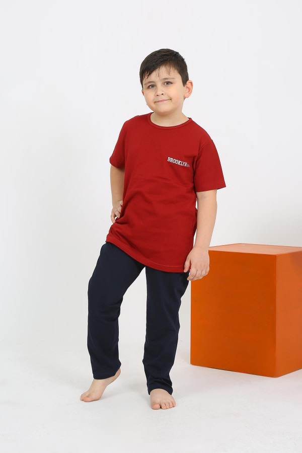 Moda Çizgi Erkek Çocuk Kısa Kol Bordo Penye Pijama Takımı 20436