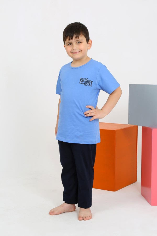 Moda Çizgi Erkek Çocuk Kısa Kol Mavi Penye Pijama Takımı 20436