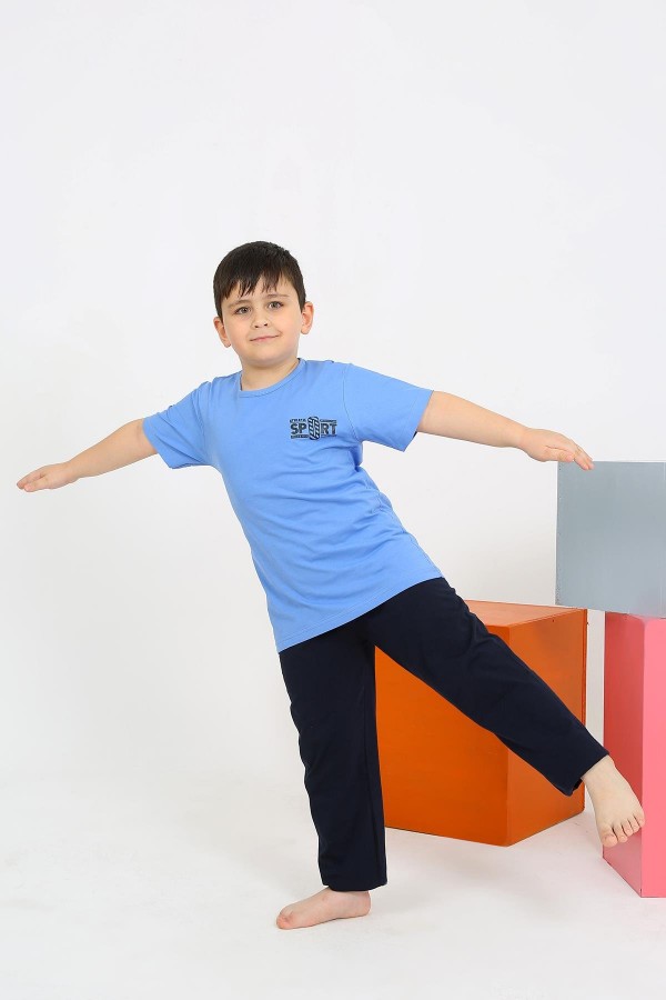 Moda Çizgi Erkek Çocuk Kısa Kol Mavi Penye Pijama Takımı 20436