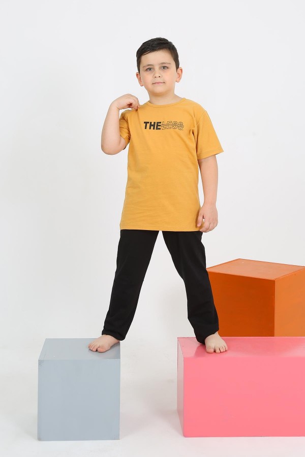 Moda Çizgi Erkek Çocuk Kısa Kol Sarı Penye Pijama Takımı 20436