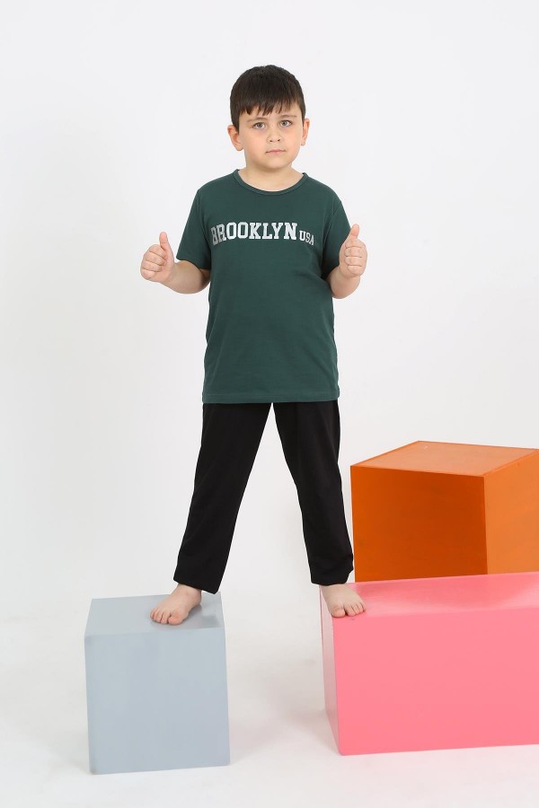 Moda Çizgi Erkek Çocuk Kısa Kol Zümrüt Yeşili Penye Pijama Takımı 20436