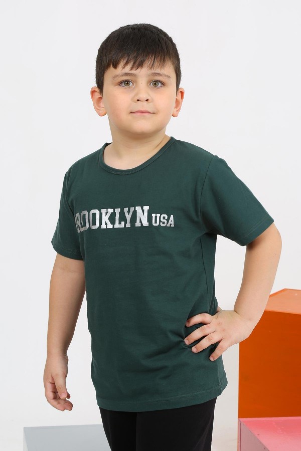 Moda Çizgi Erkek Çocuk Kısa Kol Zümrüt Yeşili Penye Pijama Takımı 20436