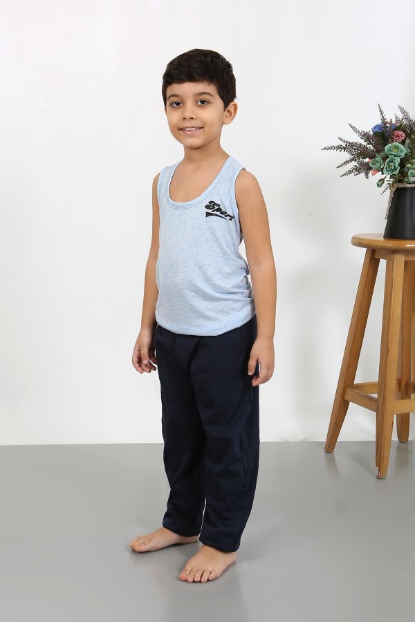 Moda Çizgi Erkek Çocuk Sıfır Kol Penye Pijama Takım Mavi 20439
