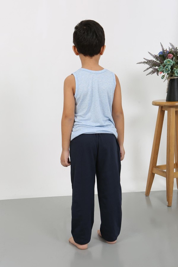 Moda Çizgi Erkek Çocuk Sıfır Kol Penye Pijama Takım Mavi 20439