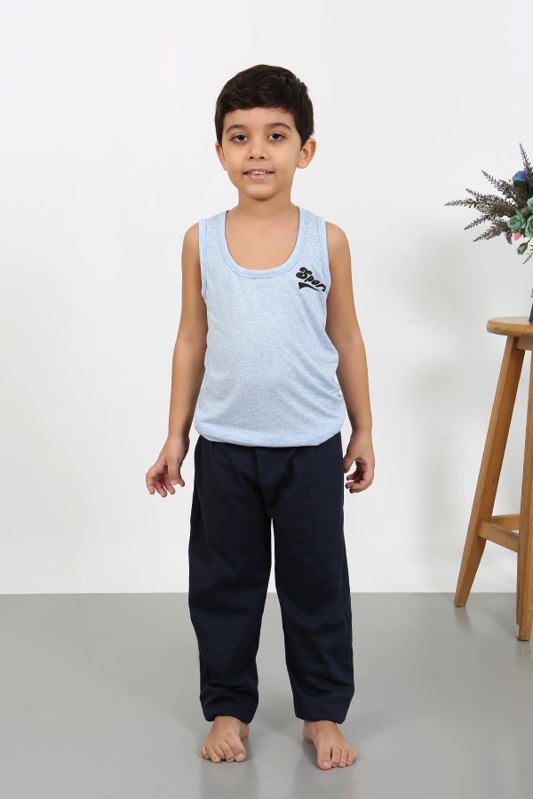 Moda Çizgi Erkek Çocuk Sıfır Kol Penye Pijama Takım Mavi 20439