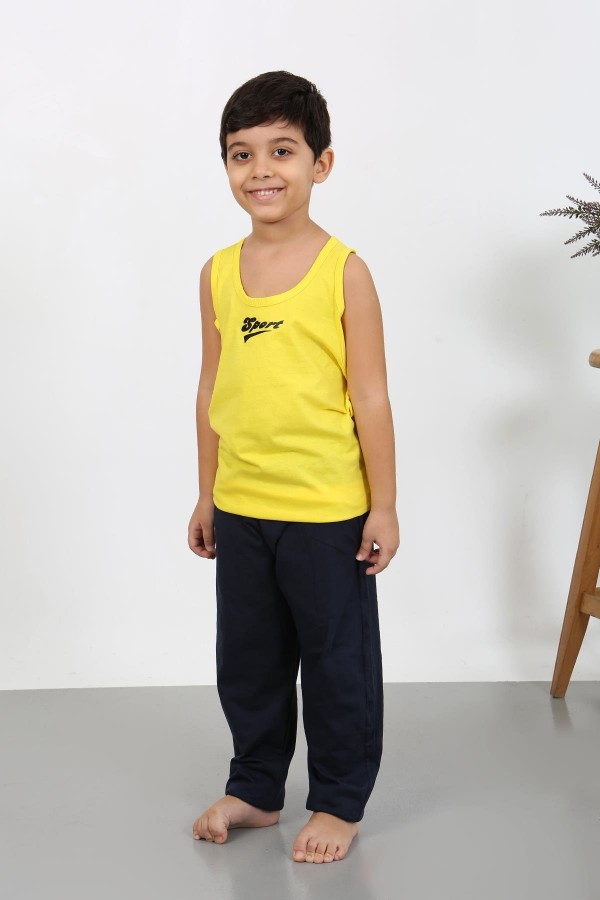 Moda Çizgi Erkek Çocuk Sıfır Kol Penye Pijama Takım Sarı 20439