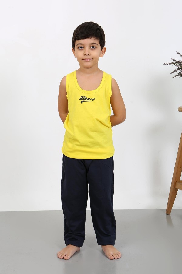 Moda Çizgi Erkek Çocuk Sıfır Kol Penye Pijama Takım Sarı 20439