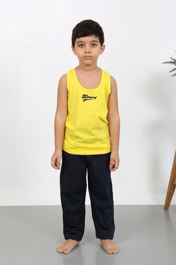 Moda Çizgi Erkek Çocuk Sıfır Kol Penye Pijama Takım Sarı 20439
