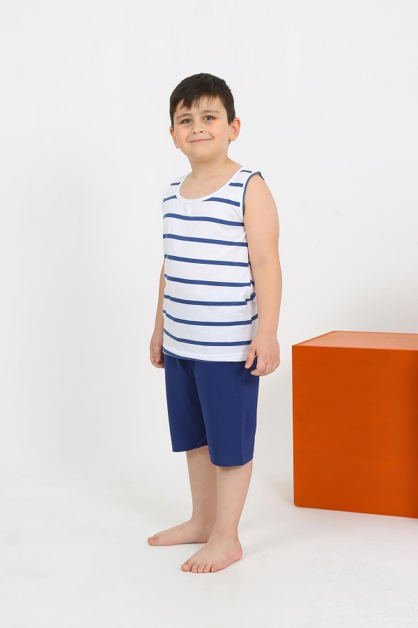 Moda Çizgi Erkek Çocuk Sıfır Kol Şortlu Beyaz Penye Pijama Takımı 20435