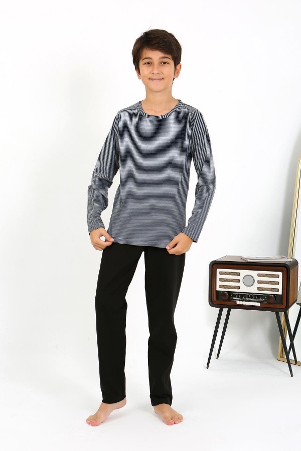Moda Çizgi Erkek Çocuk Uzun Kol Penye Pijama Takım 20438 Gri