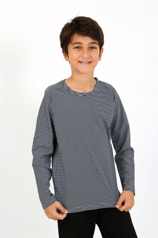 Moda Çizgi Erkek Çocuk Uzun Kol Penye Pijama Takım 20438 Gri