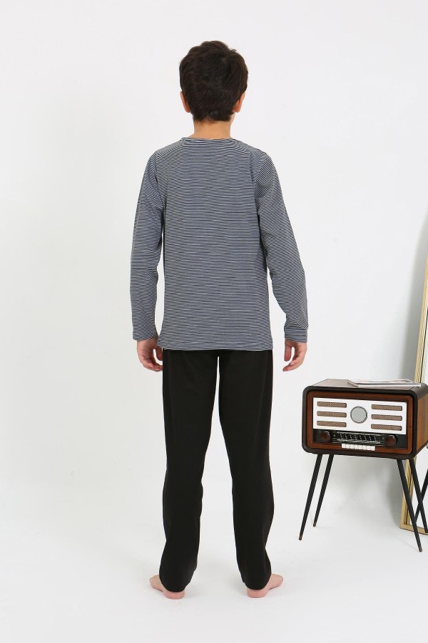 Moda Çizgi Erkek Çocuk Uzun Kol Penye Pijama Takım 20438 Gri